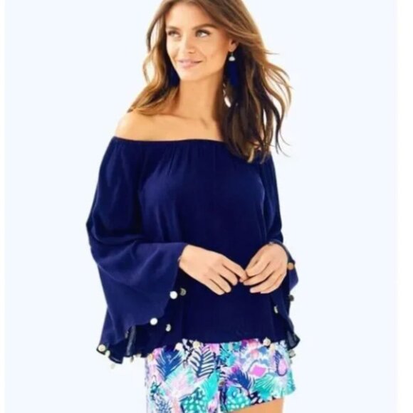Lilly Pulitzer Tops - Lilly Pulitzer Delaney Off-Shoulder Top True Navy Size Large, Coin Detail | EUC